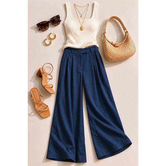 The Drop Pants - The Drop Navy Teal Blue Wide Leg Trouser Pants XL Elegant Minimalist